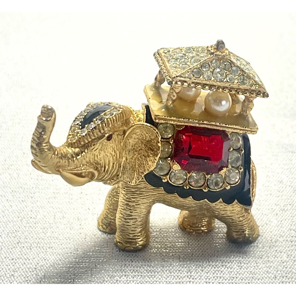 Erwin Pearl PEP Elephant Brooch Rhinestone Faux Ruby Gold Tone Figural Pin